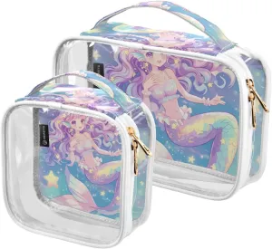 2 Pack Anime-style Cute Mermaid Stars Fantasy clear decorative toiletry bag hanging TSA approved multifunctional travel cosmetic bag Mens shaving kit maquillaje para