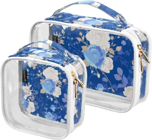 2 Pack Blue and White Romantic Valentine Flowers clear decorative toiletry bag hanging TSA approved transparent large cosmetic bag Mens shaving kit Bolsa de almacenamiento