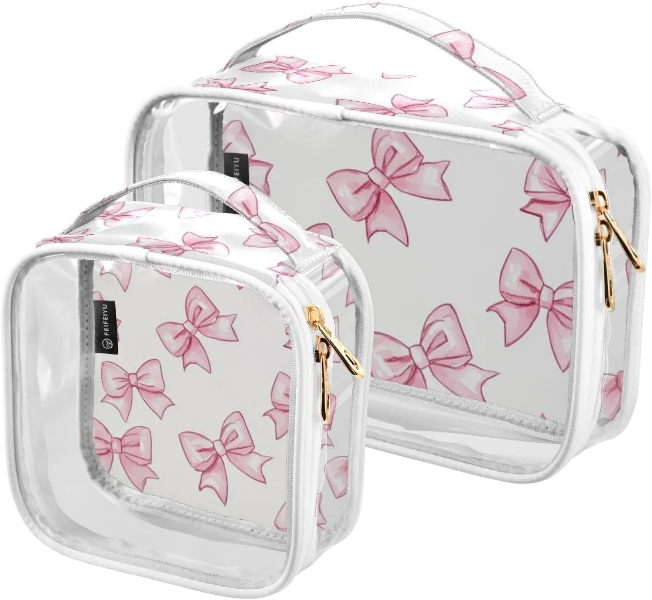 2 Pack Cartoon Cute Pink Bow clear decorative hanging travel toiletry TSA approved waterproof travel cosmetic bag Airport Airline Compliant de maquillaje para