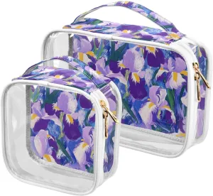 2 Pack clear travel toiletry bags TSA approved portable travel makeup bag Mens shaving kit Purple and White Iris Flowers Oil Painting
