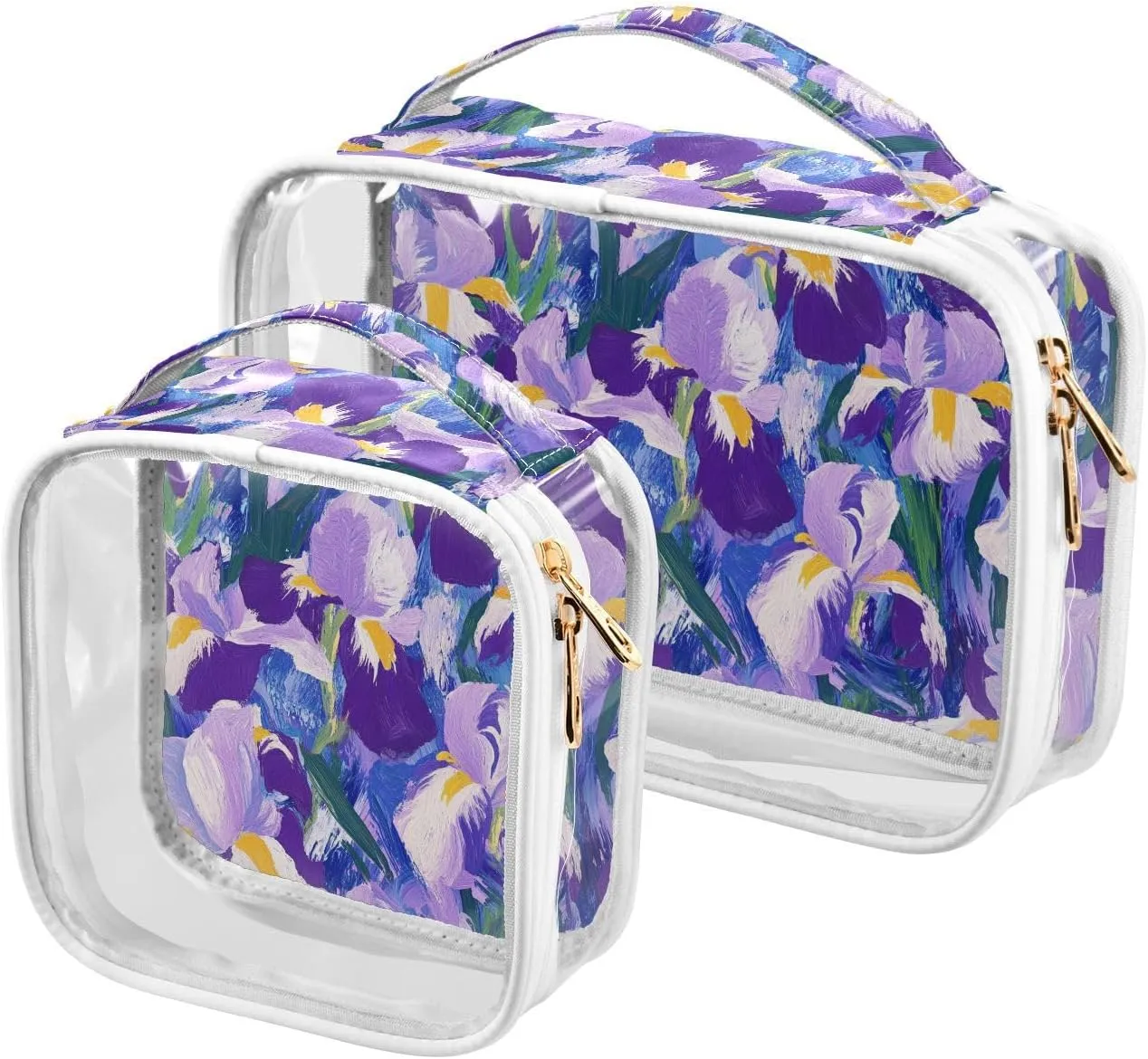2 Pack clear travel toiletry bags TSA approved portable travel makeup bag Mens shaving kit Purple and White Iris Flowers Oil Painting