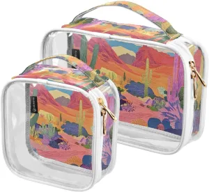 2 Pack Desert with Cactus Blooming Flowers clear decorative travel toiletry bag TSA approved reusable cosmetic bags with zipper Mens shaving kit maquillaje para