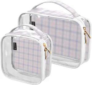 2 Pack Powder Blue Checkerboard clear decorative mens toiletry travel TSA approved waterproof cosmetic bags for women travel set shaving essentials maquillaje para