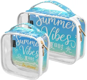 2 Pack Summer Vibes Beach Sky Blue clear decorative toiletry bag small TSA approved waterproof cosmetic bags for women travel set shaving essentials de maquillaje para