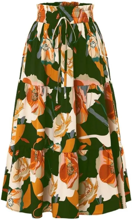 2025 Womens Floral Long Skirt Fashion Casual Flowy Swing Tiered Elastic Waisted Summer Beach Midi Skirt
