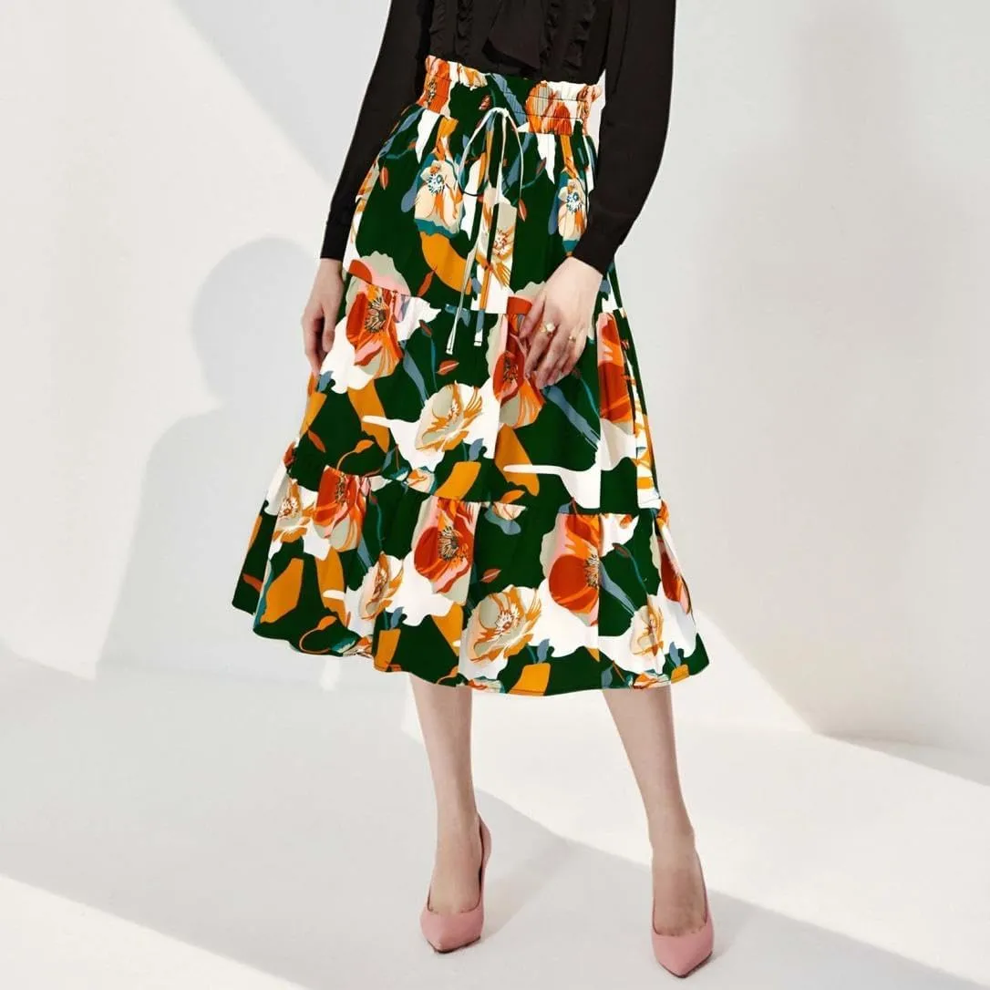 2025 Womens Floral Long Skirt Fashion Casual Flowy Swing Tiered Elastic Waisted Summer Beach Midi Skirt