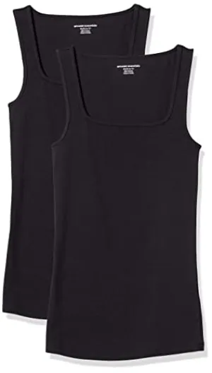 Amazon Essentials Women's Slim Fit Square Neck Tank, Pack of 2, White/Melon Orange, Small