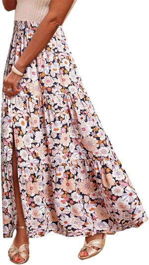 Bohemian Floral Skirts for Women High Waist Pleated Beach Skirt Trendy Ladies Boho Vacation Skirts with Slit