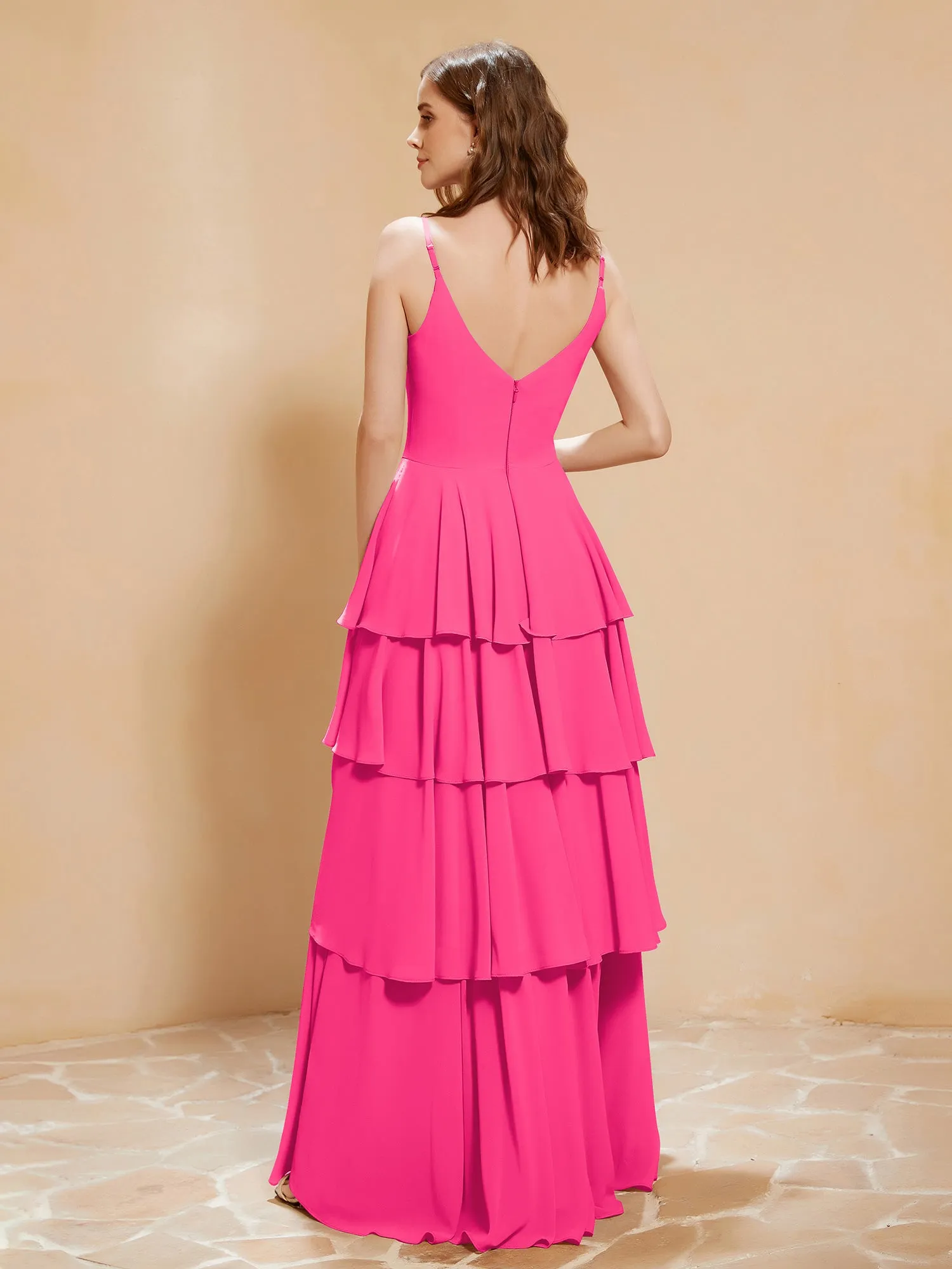 Boho V-neck Floor-length Dress Flowy Ruffles Fuchsia Plus Size