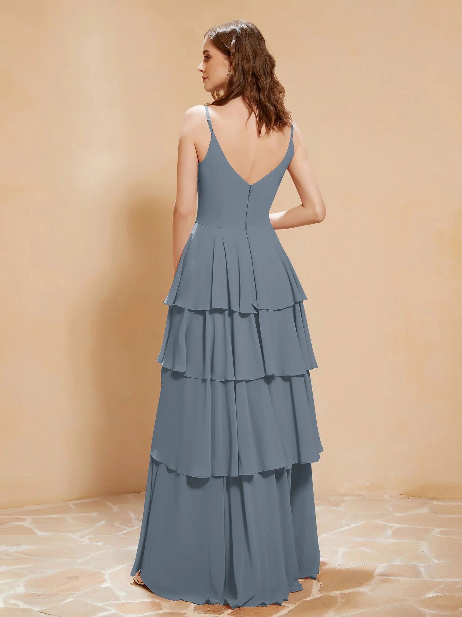 Boho V-neck Floor-length Dress Flowy Ruffles Slate Blue