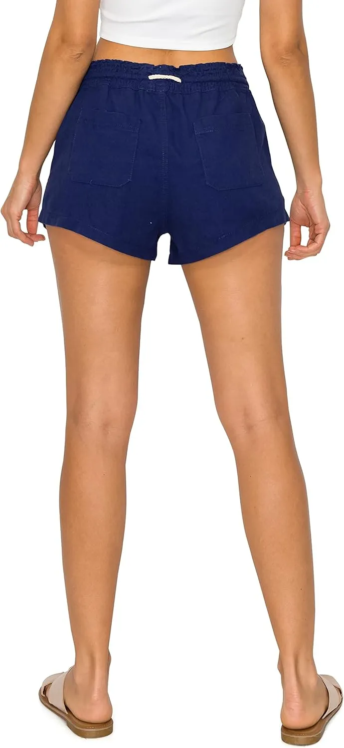 Cali1850 Women's Casual Linen Shorts - Drawstring Smocked Waist Oceanside Lounge Beach Printed Pants with Pockets