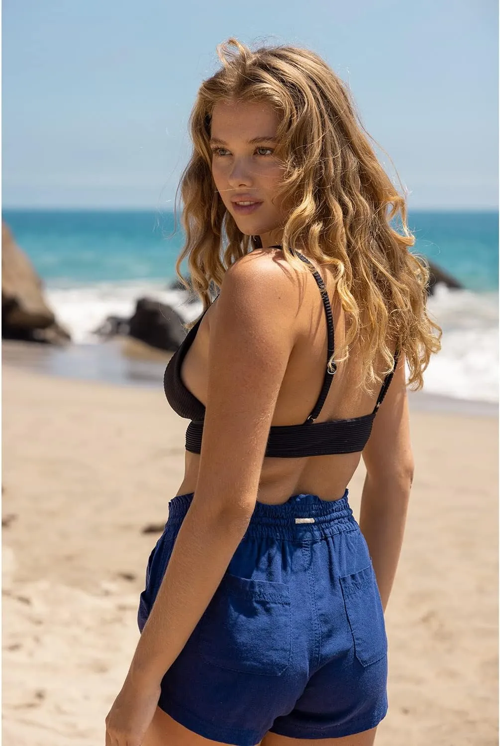Cali1850 Women's Casual Linen Shorts - Drawstring Smocked Waist Oceanside Lounge Beach Printed Pants with Pockets