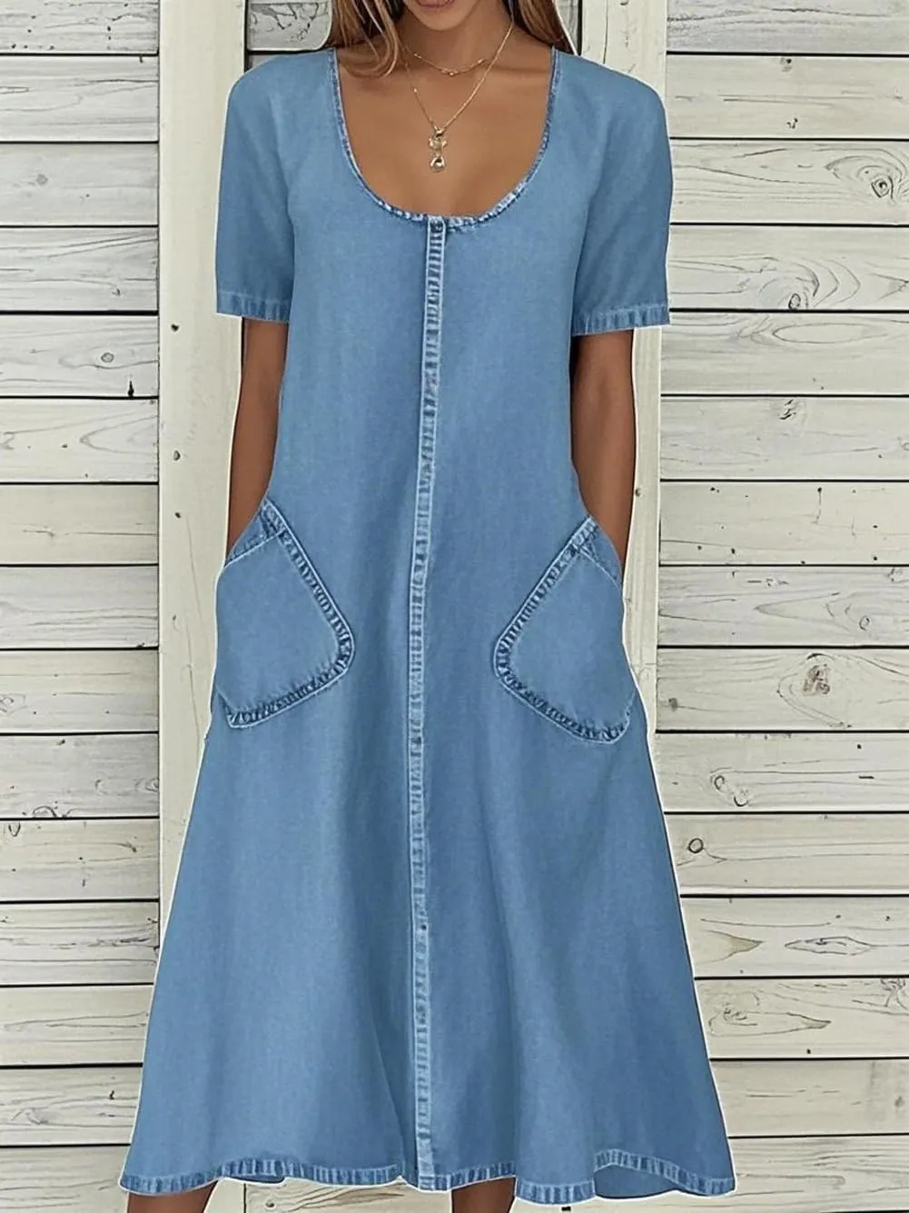 chouyatou Women Summer Short Sleeve A-Line Midi Denim Dress Modest Casual U Neck Long Jean T Shirt Dress