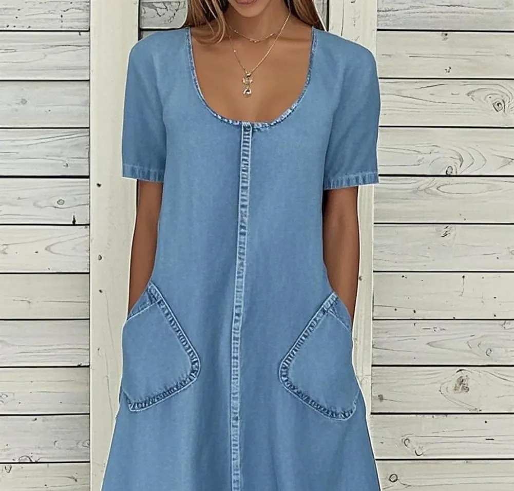 chouyatou Women Summer Short Sleeve A-Line Midi Denim Dress Modest Casual U Neck Long Jean T Shirt Dress
