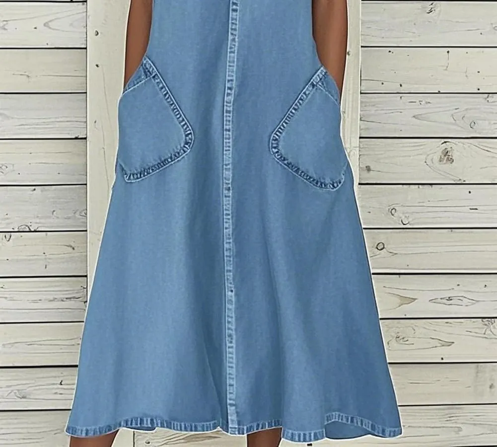 chouyatou Women Summer Short Sleeve A-Line Midi Denim Dress Modest Casual U Neck Long Jean T Shirt Dress