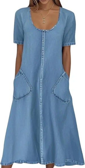 chouyatou Women Summer Short Sleeve A-Line Midi Denim Dress Modest Casual U Neck Long Jean T Shirt Dress