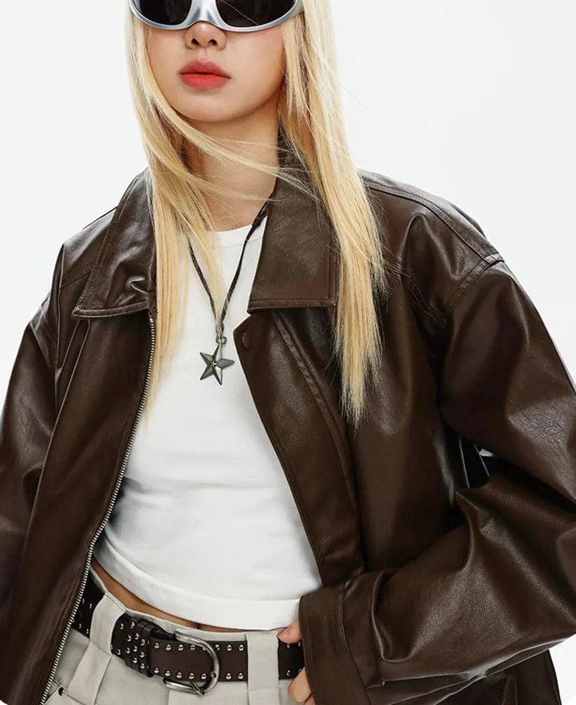 chouyatou Women's Oversized Faux Leather Bomber Jacket Zip Boyfriend Shacket Motocycle Jacket