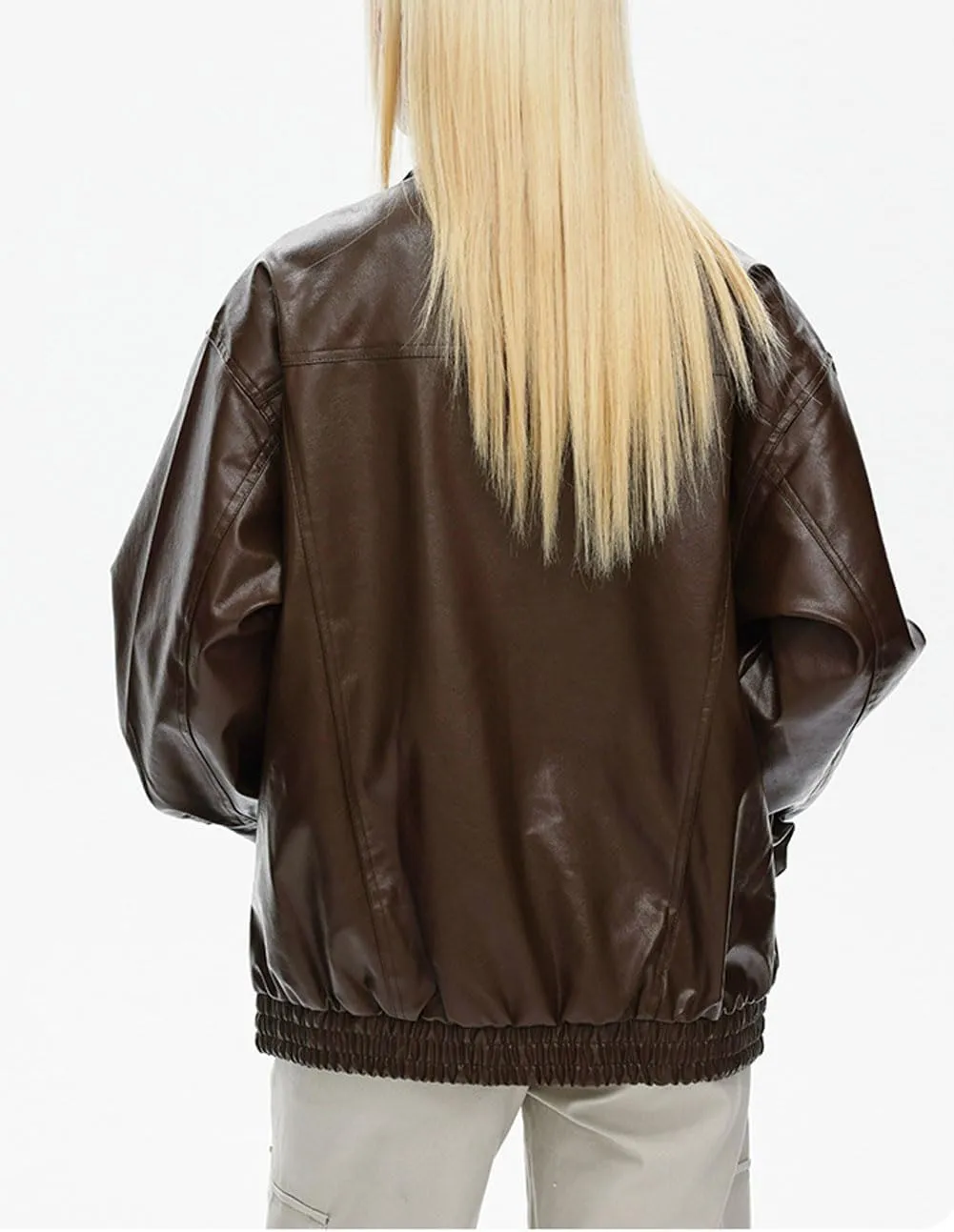 chouyatou Women's Oversized Faux Leather Bomber Jacket Zip Boyfriend Shacket Motocycle Jacket