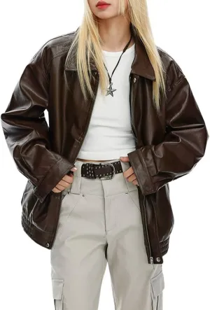 chouyatou Women's Oversized Faux Leather Bomber Jacket Zip Boyfriend Shacket Motocycle Jacket