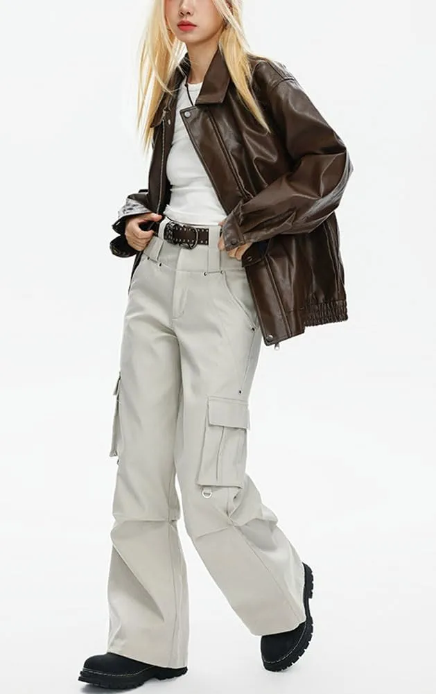 chouyatou Women's Oversized Faux Leather Bomber Jacket Zip Boyfriend Shacket Motocycle Jacket