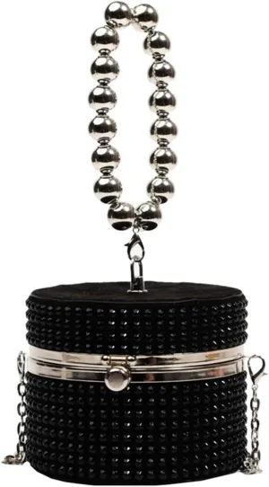 Clutch Purses for Women Fashion Evening Bag for Women Black Silver Rivet Circular Clutch with Chain Messenger Strap