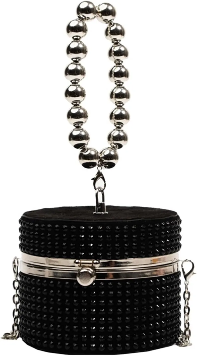Clutch Purses for Women Fashion Evening Bag for Women Black Silver Rivet Circular Clutch with Chain Messenger Strap