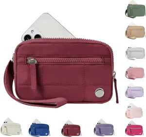 Convely Wristlet Wallets, Nylon Quilted Wallet, Convely Wallet Wristlet for Women with 3 Zipper Purse (Burgundy)