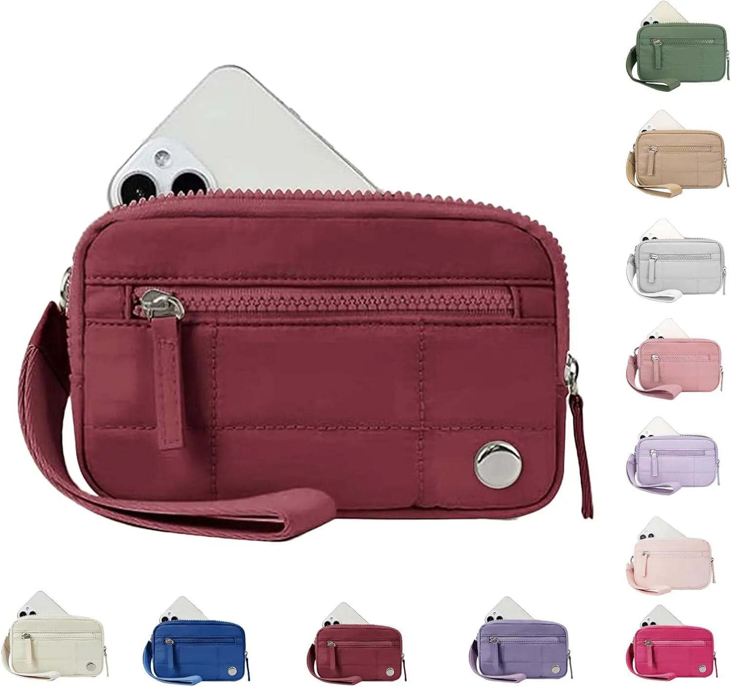 Convely Wristlet Wallets, Nylon Quilted Wallet, Convely Wallet Wristlet for Women with 3 Zipper Purse (Burgundy)