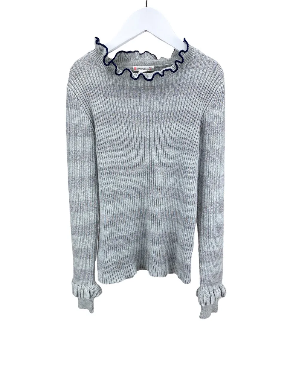 Crewcuts, Girls' Ribbed Ruffle-Trim Sweater, Grey Heather/Navy, Size 8