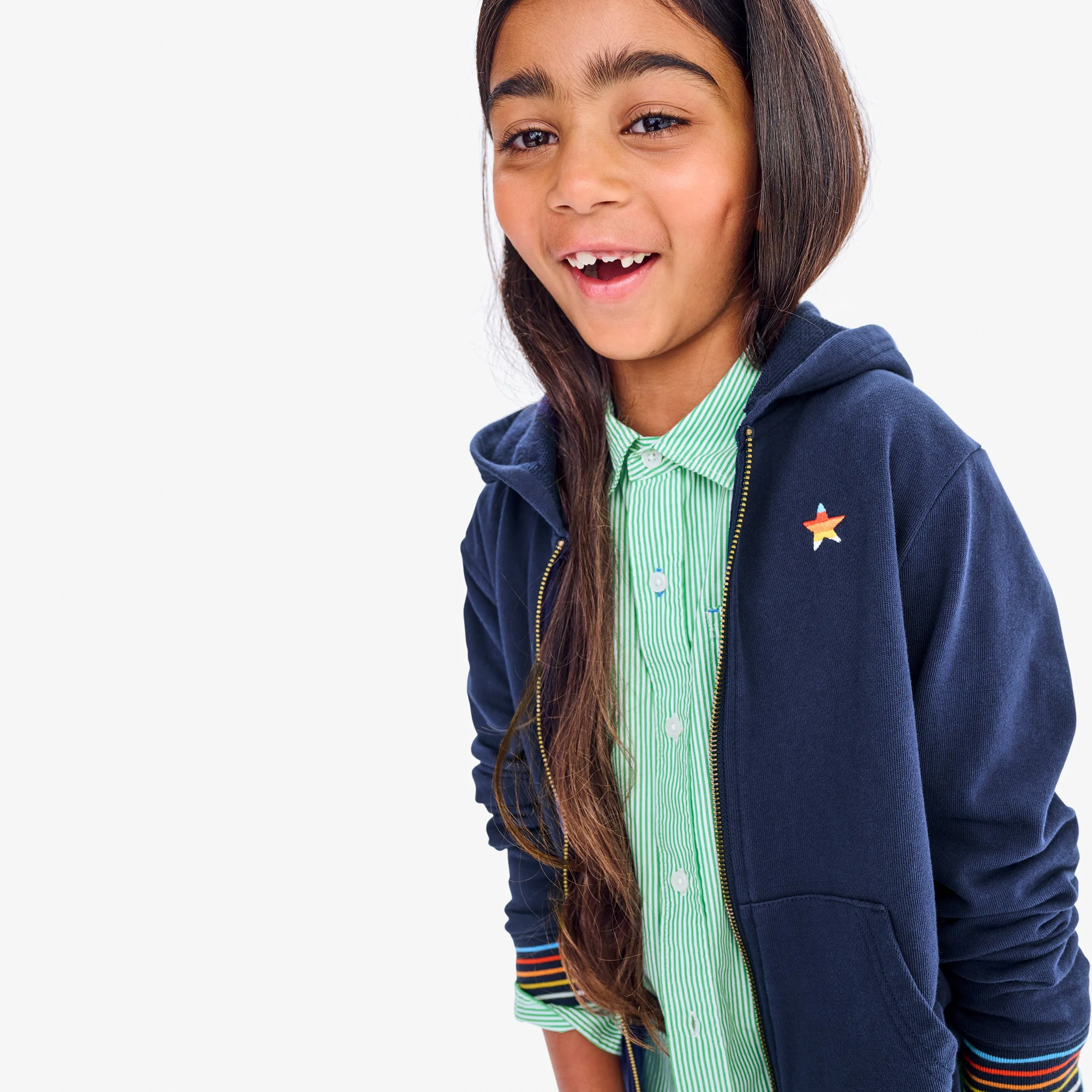 Embroidered stripe trim zip hoodie