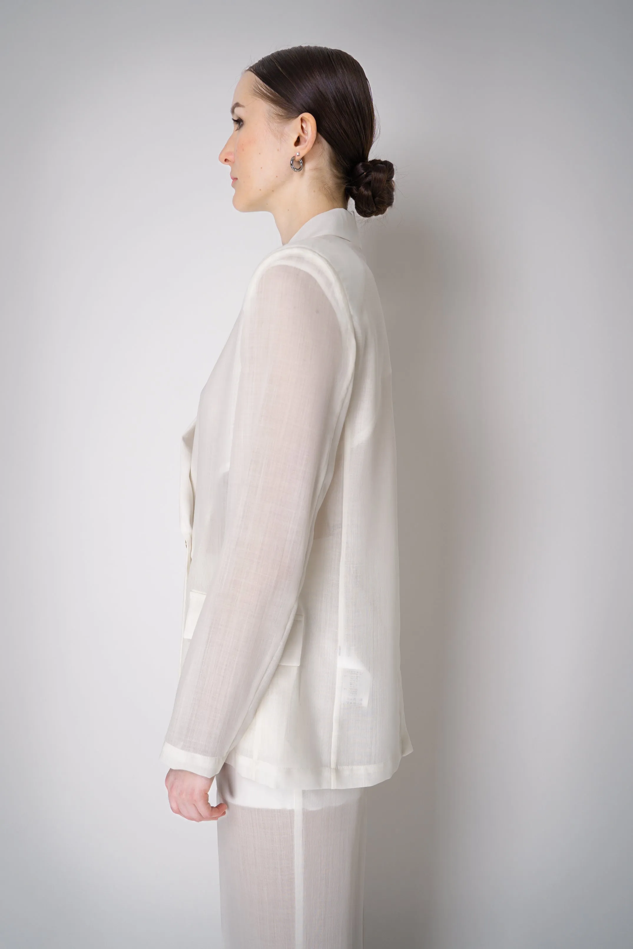 Erika Cavallini Sheer Double Breasted Virgin Wool Blazer in White