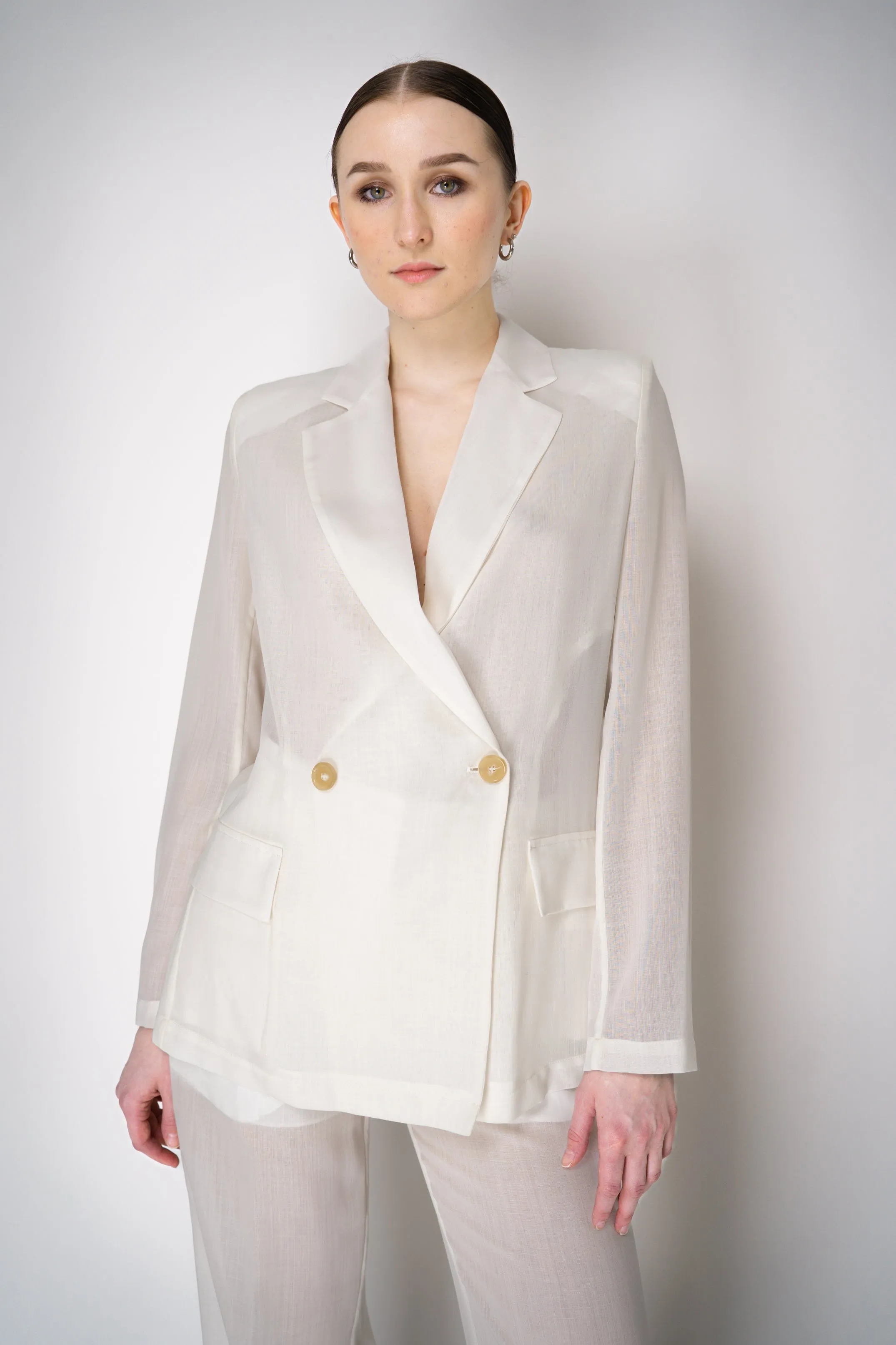 Erika Cavallini Sheer Double Breasted Virgin Wool Blazer in White