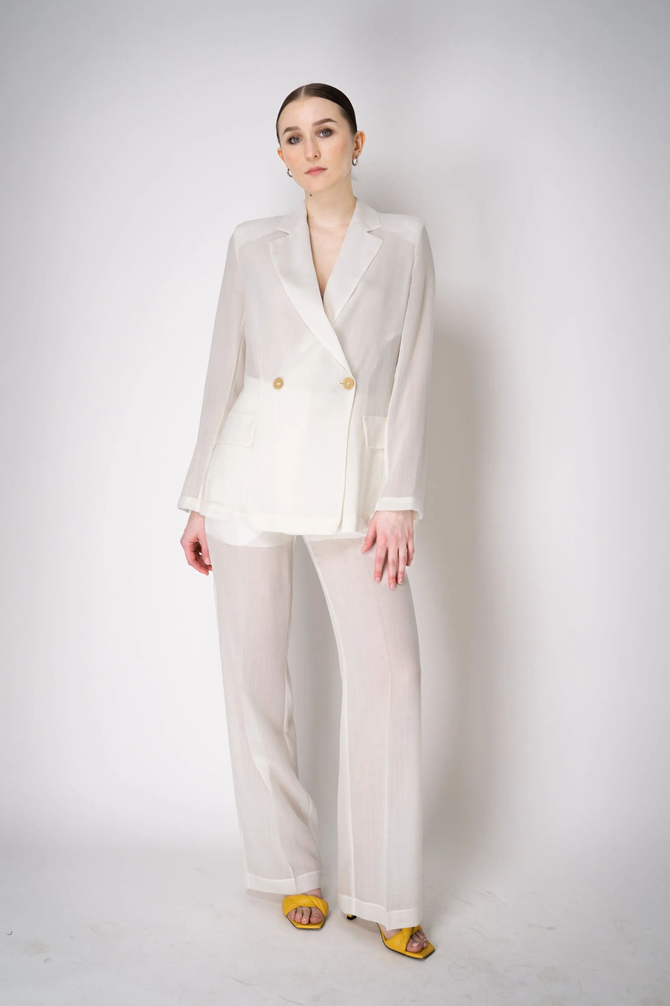 Erika Cavallini Sheer Double Breasted Virgin Wool Blazer in White