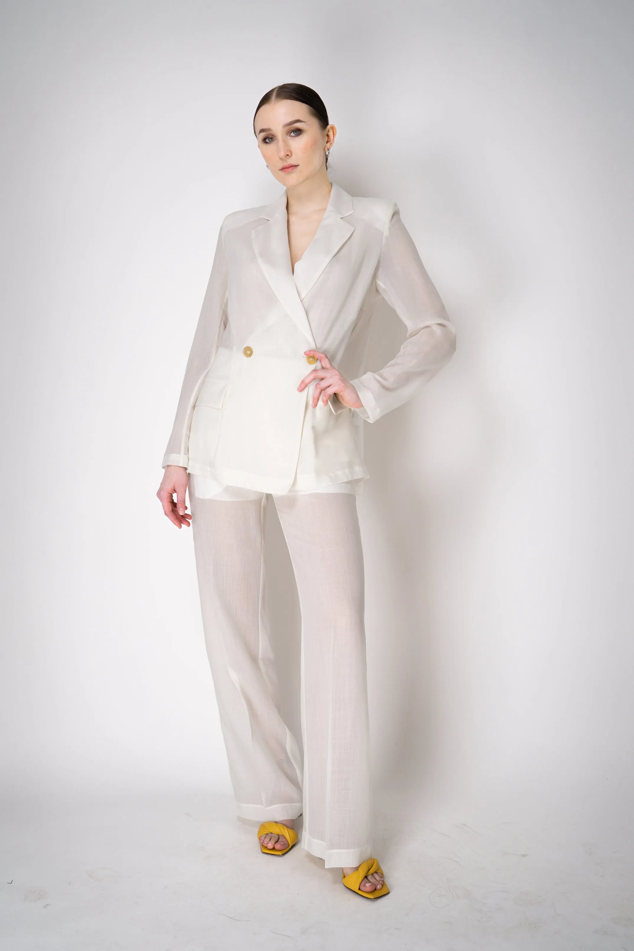 Erika Cavallini Sheer Double Breasted Virgin Wool Blazer in White