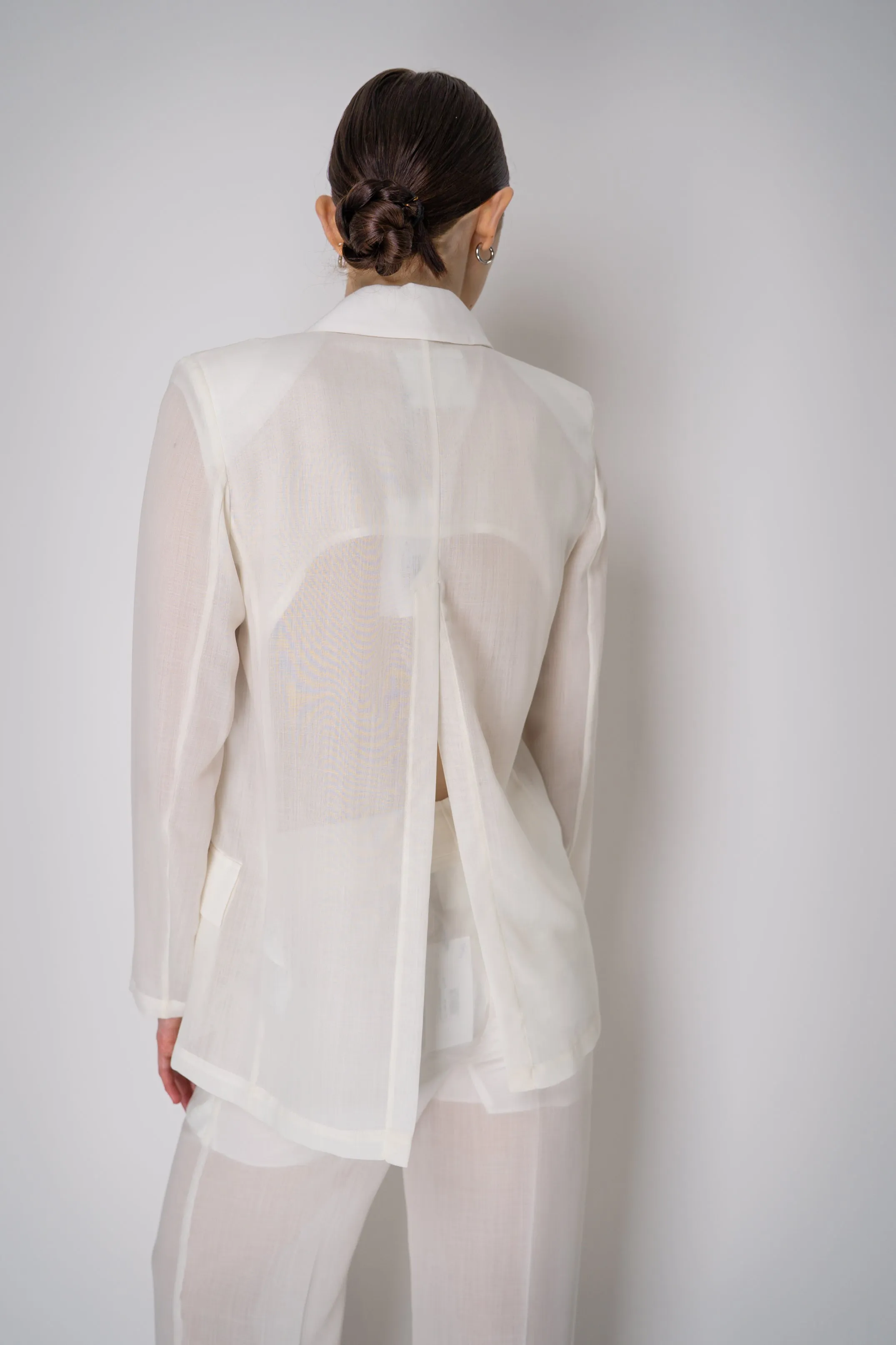 Erika Cavallini Sheer Double Breasted Virgin Wool Blazer in White