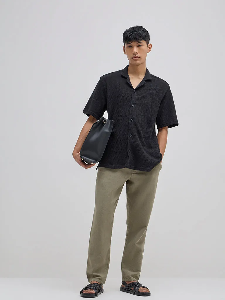 ETA Black Knitted Relaxed-Fit Cotton-Blend Shirt
