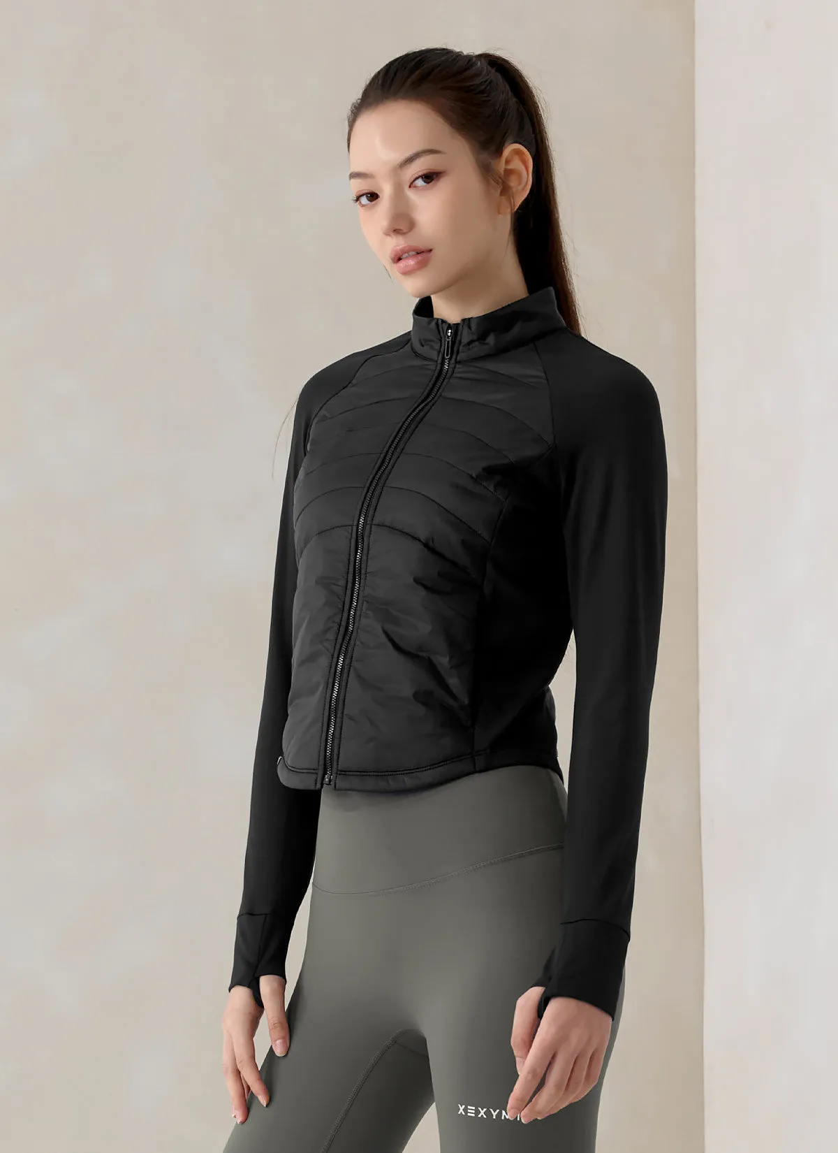 Finger Hole Lightweight Padded Mock Neck Jacket