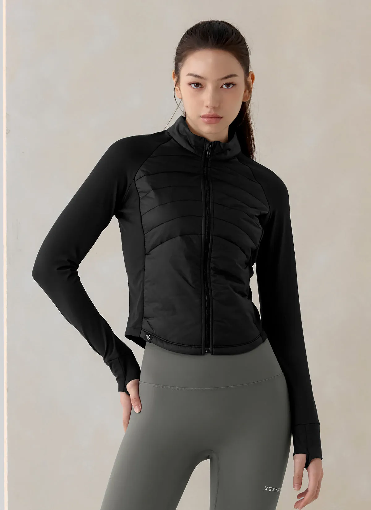 Finger Hole Lightweight Padded Mock Neck Jacket