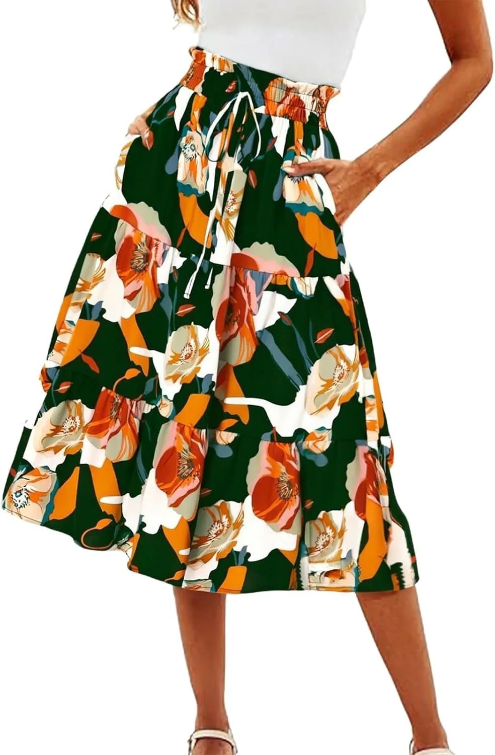 Floral Maxi Skirt for Women Summer Loose Tiered Elastic High Waisted Skirts Vacation A-Line Flowy Swing Long Skirts