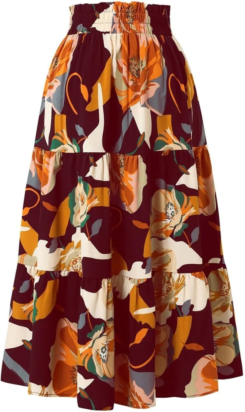 Floral Maxi Skirt for Women Summer Vacation A Line Flowy Swing Comfy Tiered Elastic High Waisted Long Skirts