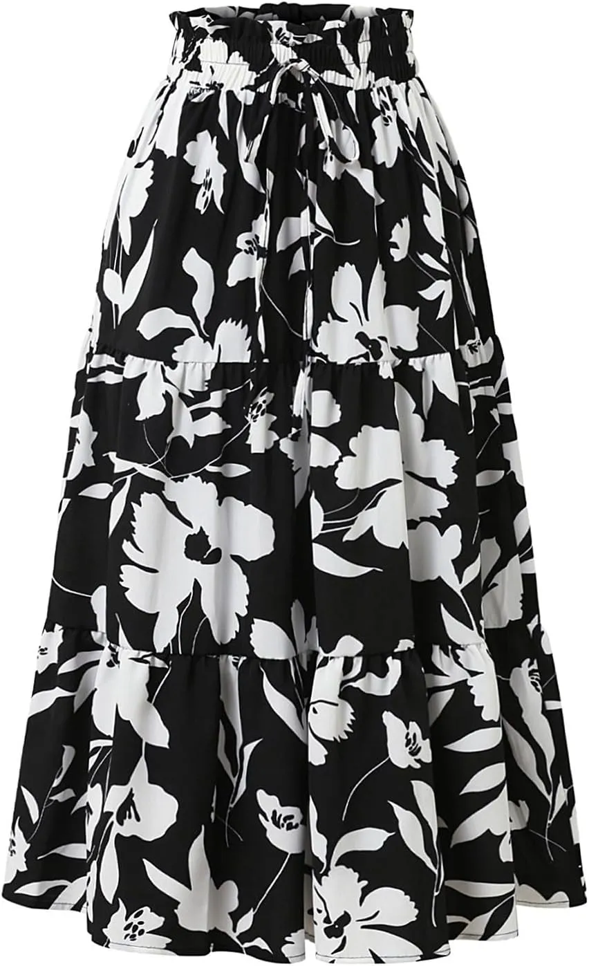 Floral Skirt for Women 2025 Ruffle Summer Maxi Skirts High Waisted Elastic Flowy Pleated Dresses Holiday Clothing