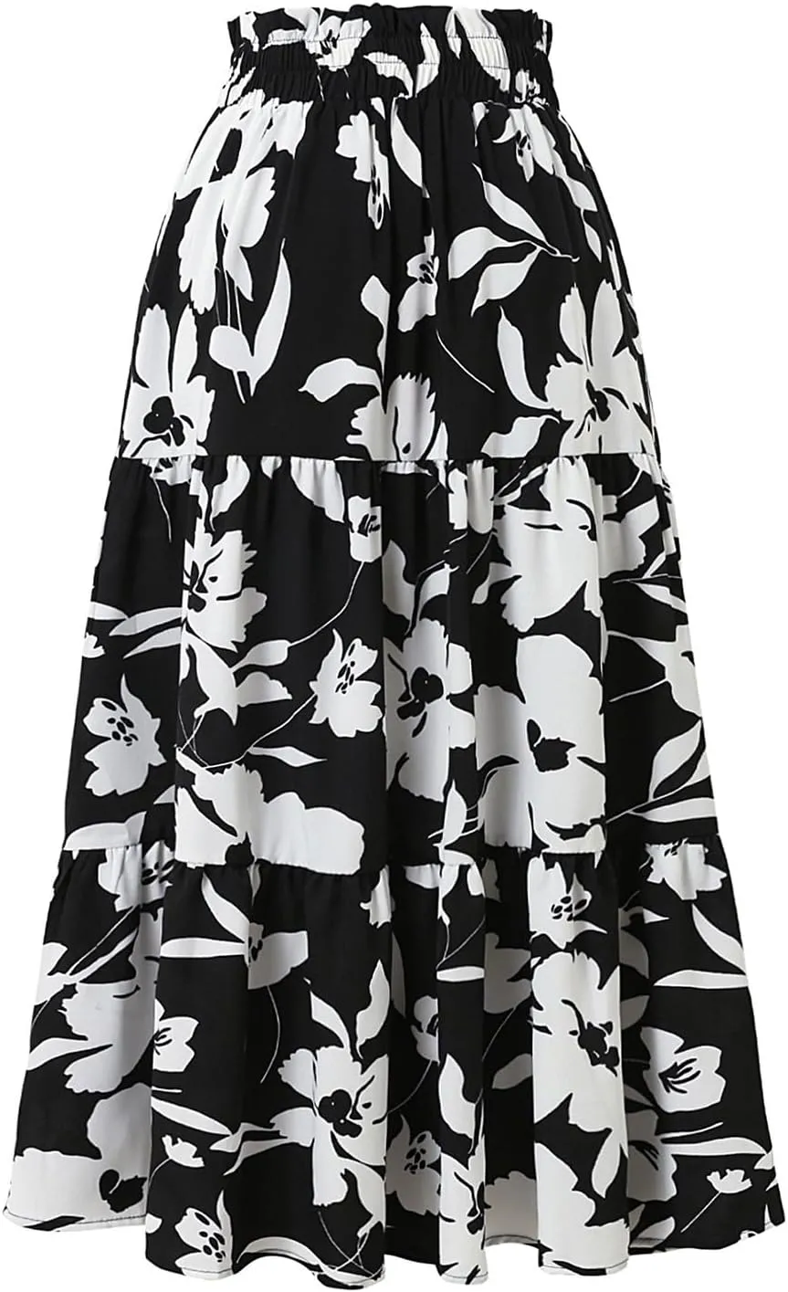 Floral Skirt for Women 2025 Ruffle Summer Maxi Skirts High Waisted Elastic Flowy Pleated Dresses Holiday Clothing