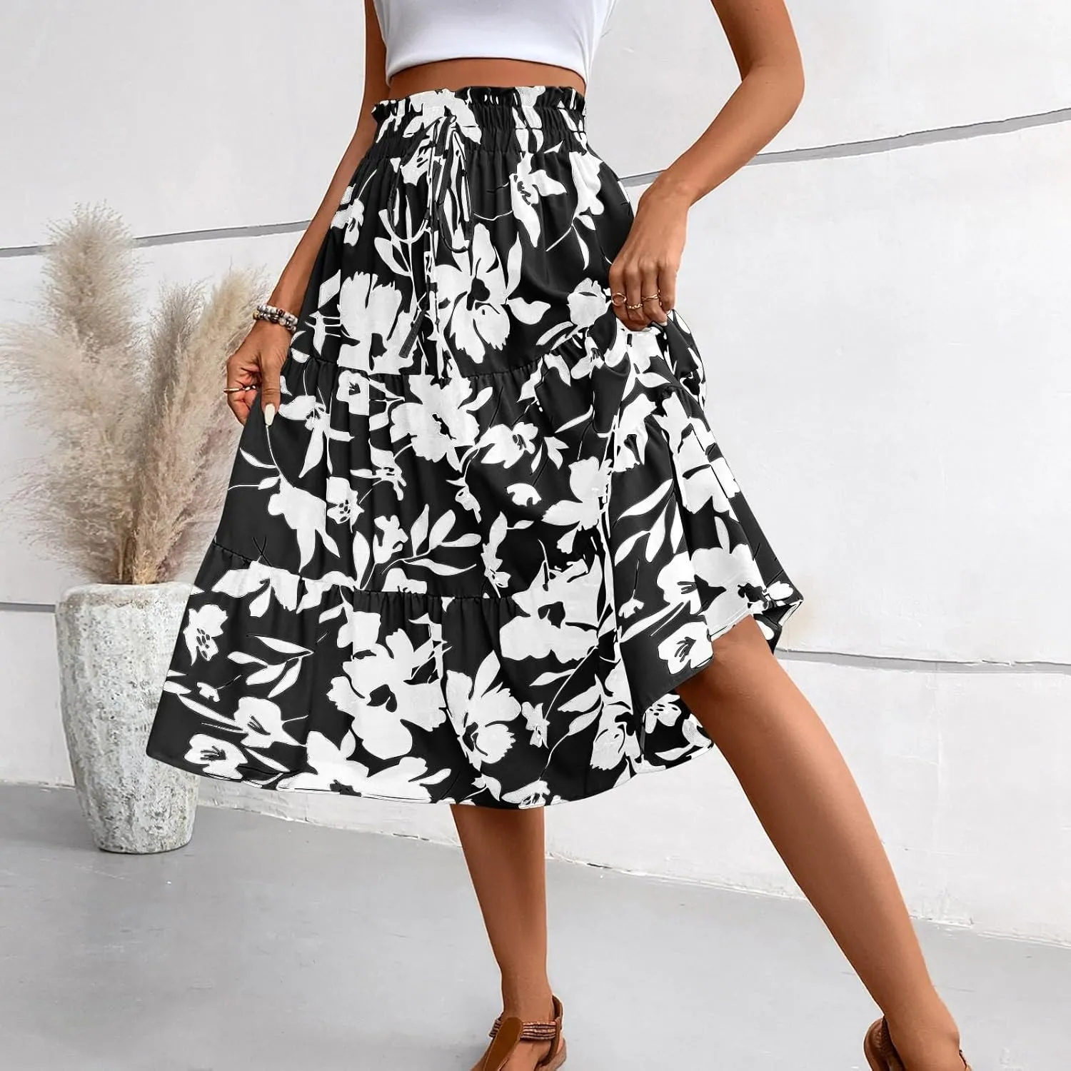 Floral Skirt for Women 2025 Ruffle Summer Maxi Skirts High Waisted Elastic Flowy Pleated Dresses Holiday Clothing