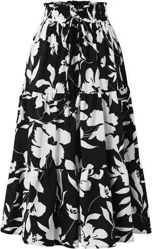Floral Skirt for Women 2025 Ruffle Summer Maxi Skirts High Waisted Elastic Flowy Pleated Dresses Holiday Clothing