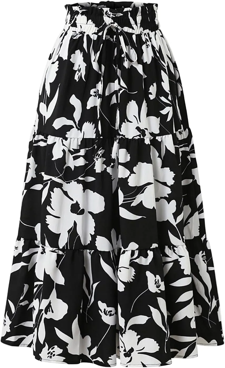 Floral Skirt for Women 2025 Ruffle Summer Maxi Skirts High Waisted Elastic Flowy Pleated Dresses Holiday Clothing