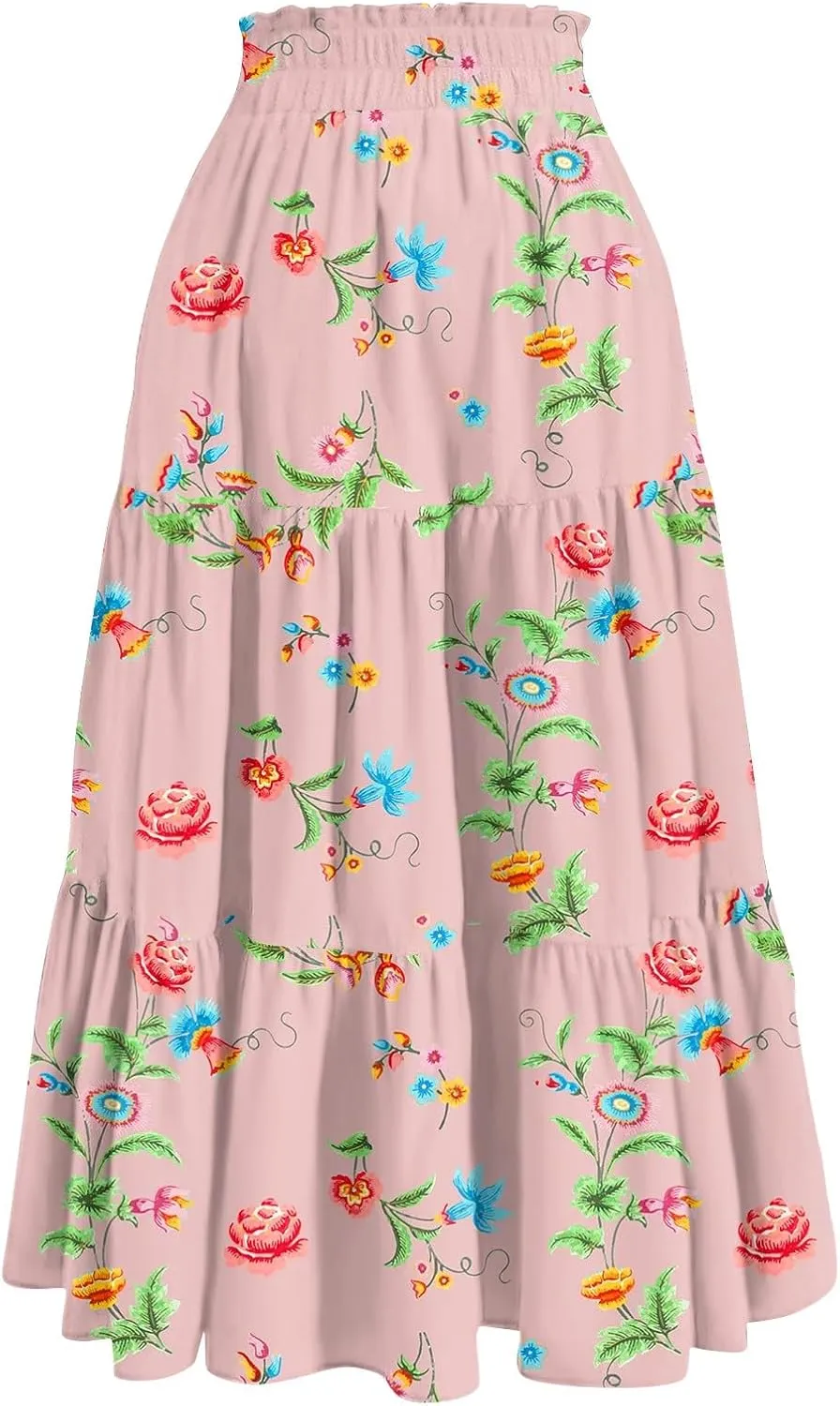 Floral Skirts for Women 2025 Summer High Waist Tiered Pleated Flowy Tiered A-Line Boho Long Maxi Skirts