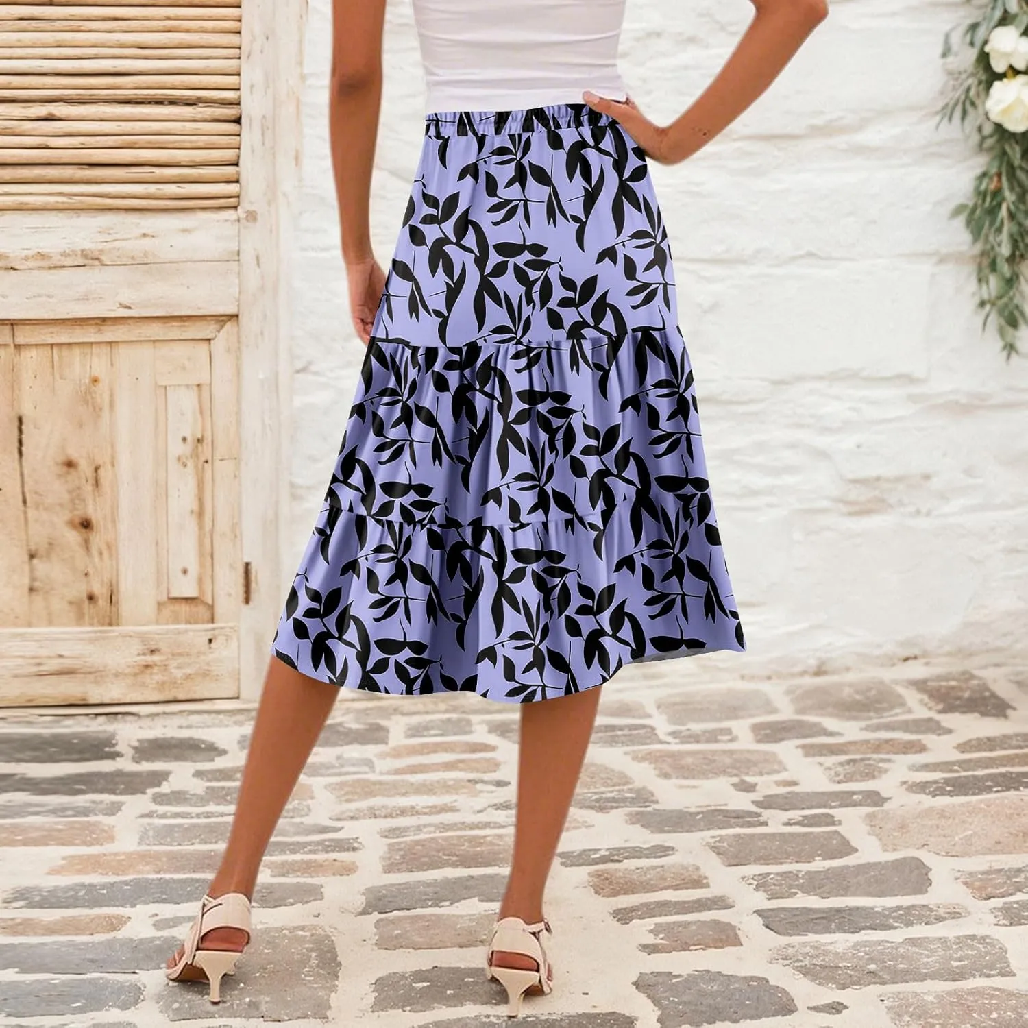 Floral Skirts for Women Calf Length Boho Beach Flowy Midi Skirt Vacation Tiered High Elastic Waist Skirts Summer