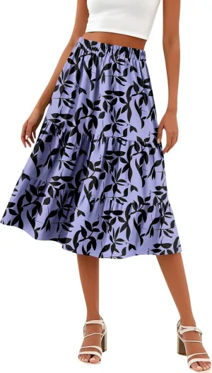 Floral Skirts for Women Calf Length Boho Beach Flowy Midi Skirt Vacation Tiered High Elastic Waist Skirts Summer