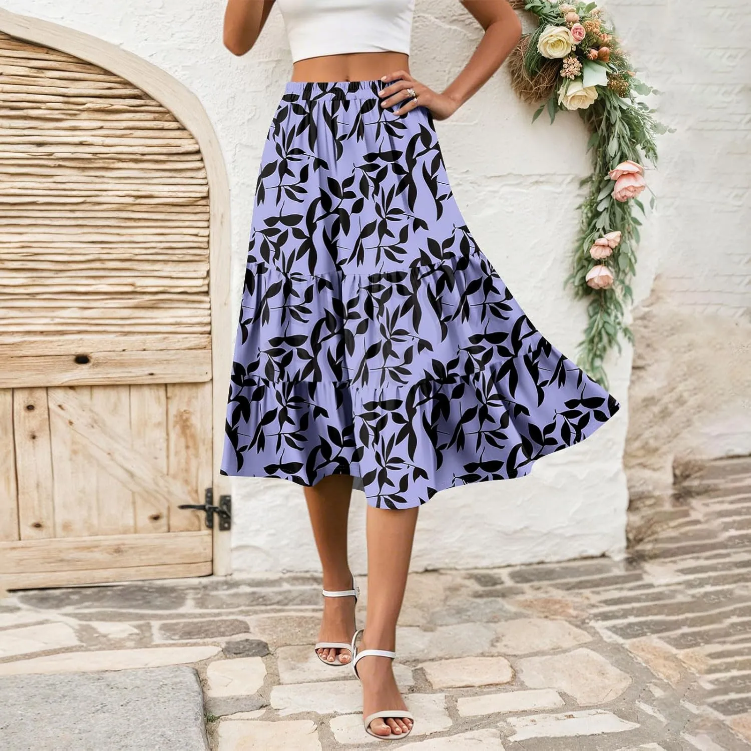 Floral Skirts for Women Calf Length Boho Beach Flowy Midi Skirt Vacation Tiered High Elastic Waist Skirts Summer