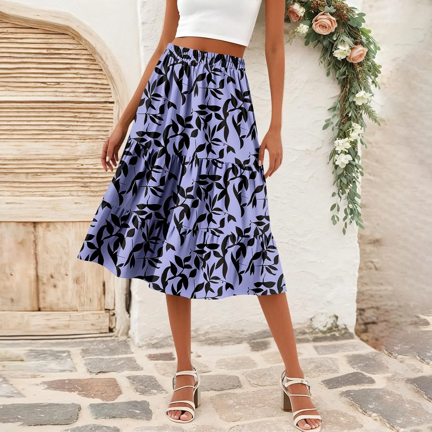 Floral Skirts for Women Calf Length Boho Beach Flowy Midi Skirt Vacation Tiered High Elastic Waist Skirts Summer